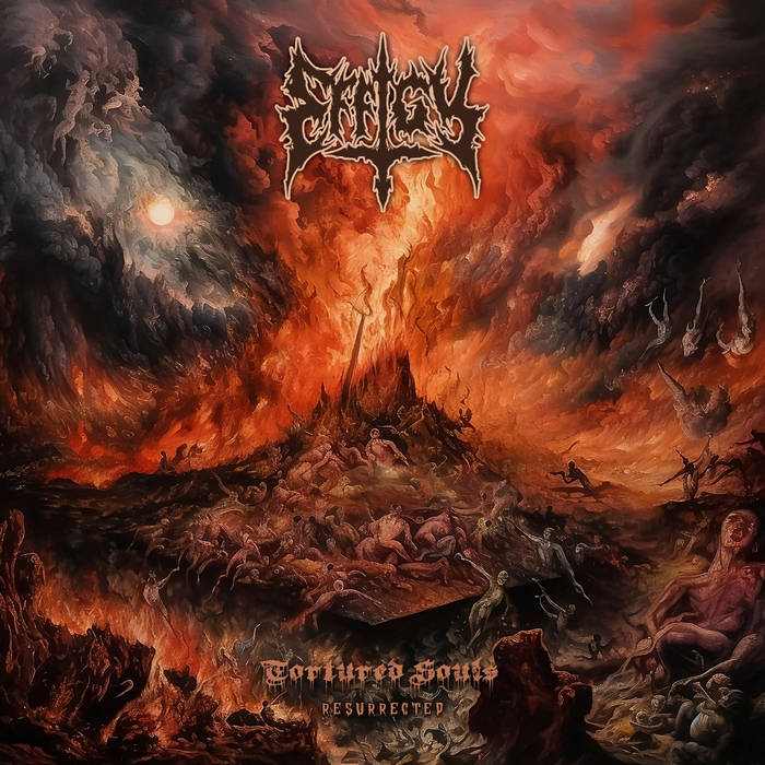 Effigy - Tortured Souls Resurrected Album cover - imagery includes a wasteland, hellish type image with fire and brimstone and souls being burned.