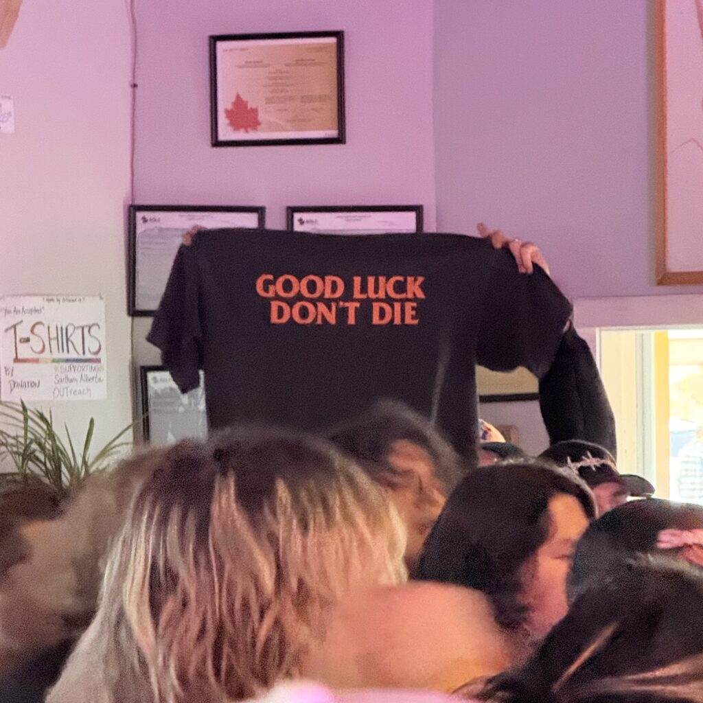 Someone in the crowd at the Libertine 2 Years 2 Shows night 2 show, holding up a shirt that says Good Luck Don't Die - which feels like a fitting cover image due to the intensity of the night.