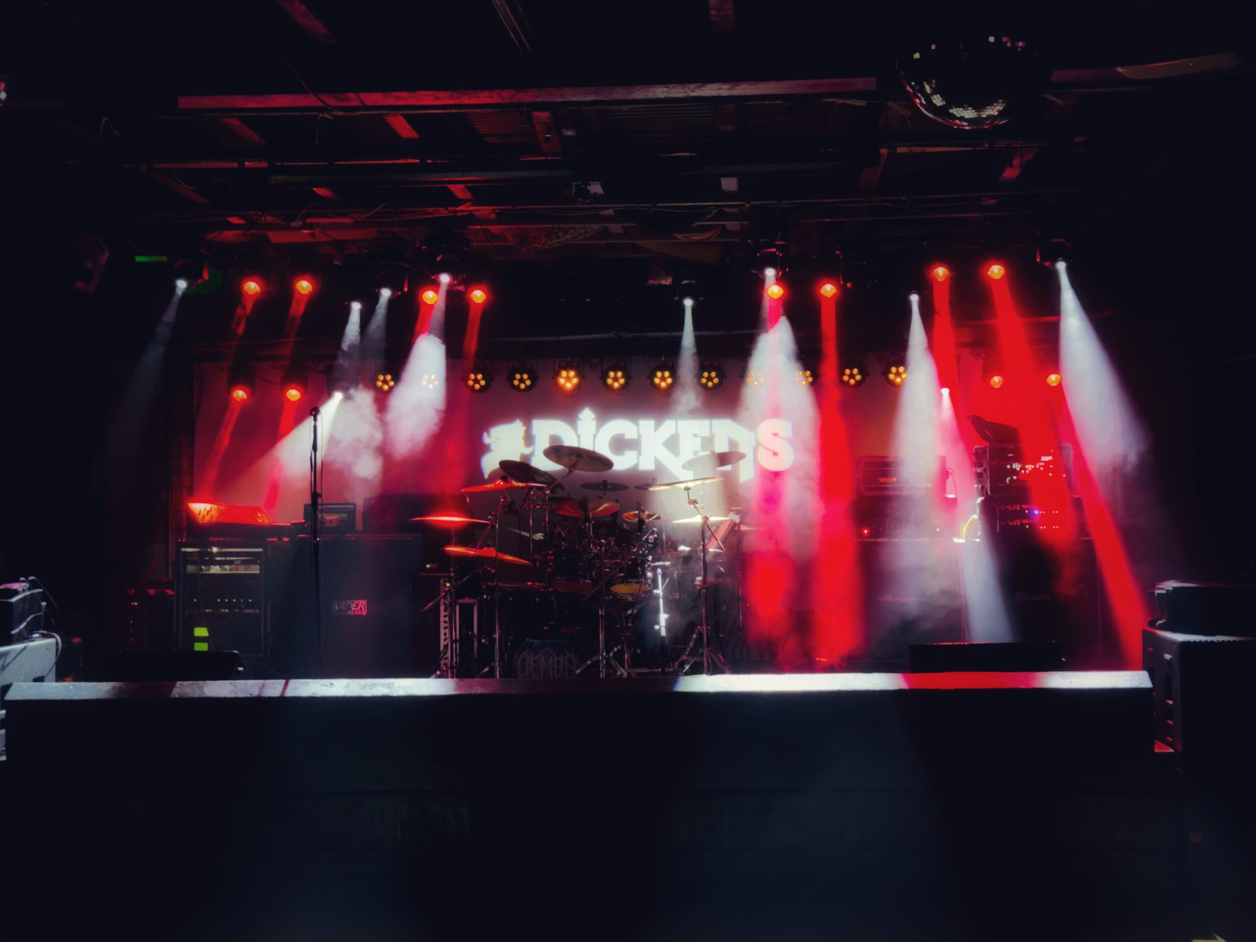 The stage at Dickens Pub in Calgary, Alberta for the Inferi, Vitriol, GreyLotus, Demon King show on June 11, 2025